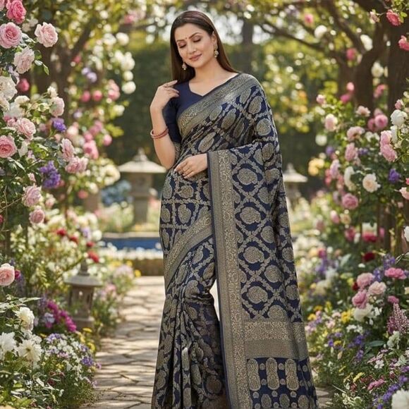 Women's Kanjivaram Pure Banarsi Silk Saree With Blouse Piece Golden Zari NWT - Picture 1 of 12